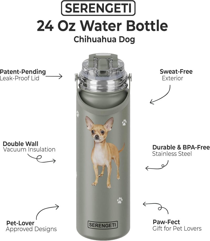 ES Pets SERENGETI 24 Oz Water Bottle Stainless Steel with Spill Proof Lid - Double walled Vacuum Insulated water flask - Realistic 3D Print of your favorite dog (Chihuahua tan) - Image 1